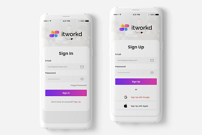 Sign In, Sign Up screens for Itworked job portal. beautiful app design illustration job app job portal jobs login minimalist mobile app mockup register registration screen sign in sign up social media app ui design uidesign uiux