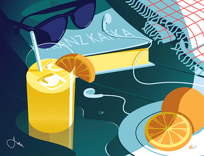 August beach calendar editorial illustration still life