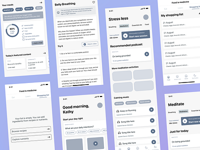 Wireframes for wellness app app concept app design figma health meditation mindfulness mobile podcast recipes ui design ui ux wellness wireframes wireframing