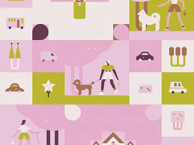 People walking dogs in a neighborhood 2 character dog illustration neighborhood walking