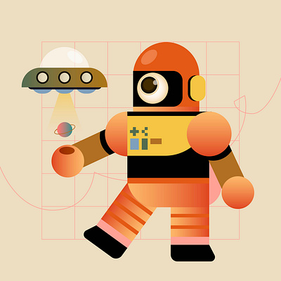 Planet Invader alien astronaut digital icon illustration orange planet retro robot ship ufo vector vintage
