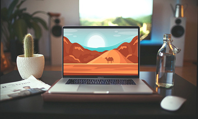 BEAUTIFUL LANDSCAPE ILLUSTRATION ON MACBOOK MOCKUP . adobe branding design illustration vector