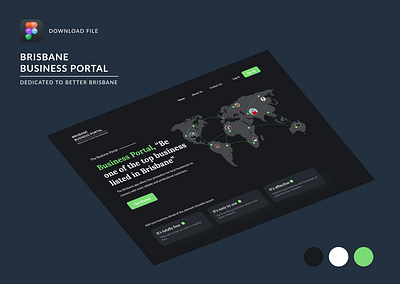 Business Portal Brisbane Landing Page UI Kit australia brisbane business business portal dark theme figma landing page map portal redesign uiux uiux web design website design