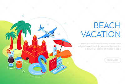 Beach vacation - Colorful Isometric Web Banner 3d animation 3d art 3d character 3d illustration app design illustration isometric isometric design landing landing page landing pages logo page pages vector web web design web development website