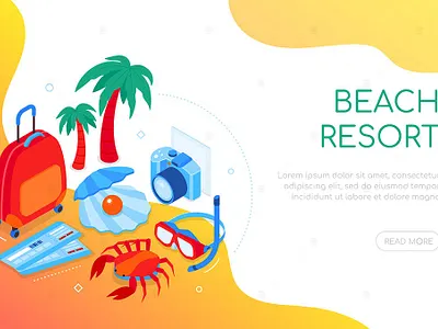 Beach Resort - Colorful Isometric Web Banner 3d 3d animation 3d art 3d character 3d illustration app concept design illustration landing landing page landing pages logo page pages ui web web design web development website