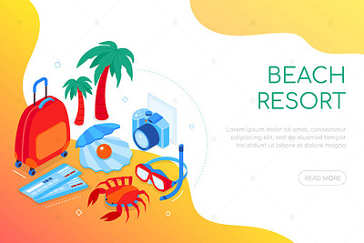 Beach Resort - Colorful Isometric Web Banner 3d 3d animation 3d art 3d character 3d illustration app concept design illustration landing landing page landing pages logo page pages ui web web design web development website