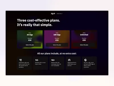 Fly5G | Select a mobile plan webpage clean concept css dark dark mode design elegant figma html minimal mockup simple ui ux web design web page webpage website