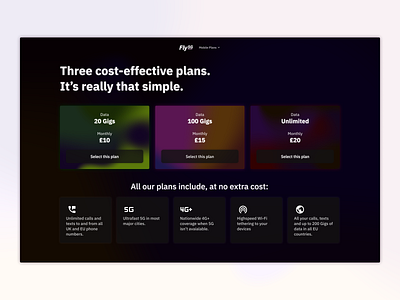 Fly5G | Select a mobile plan webpage clean concept css dark dark mode design elegant figma html minimal mockup simple ui ux web design web page webpage website