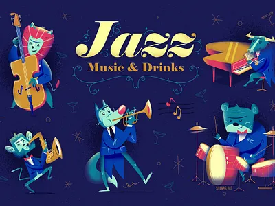 :::Jazz Animal Band::: animal character concert design happy illustration jazz monkey music piano saxophone vector