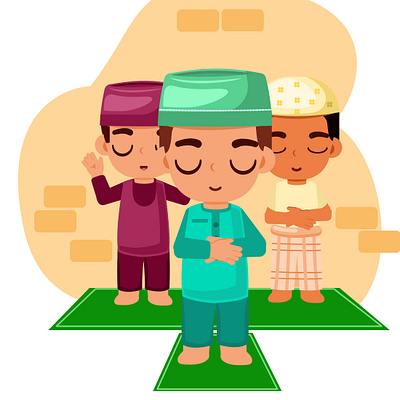 flat illustration of muslim men performing congregational prayer culture