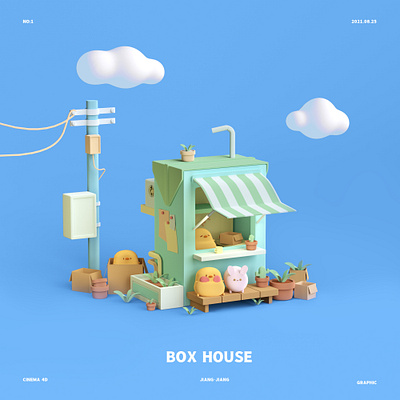 box house 3d character design illustration style