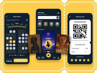 Cinema Booking Mobile Design booking dark film mobile mobile app movie qr code simple ticket uiux yellow