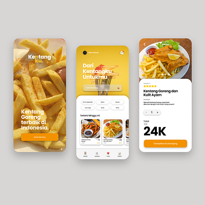 Kentangku - A French Fries Company Mobile App app delivery design driver french fries home homepage login mobile mobile app orange order payment rating restaurant stars ui uiux ux yellow