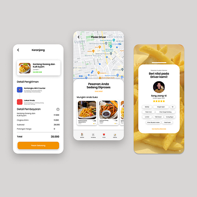 Kentangku - A French Fries Company Mobile App app burger delivery design driver e commerce french fries home marketplace mobile mobile app orange order payment rating restaurant ui ux white yellow