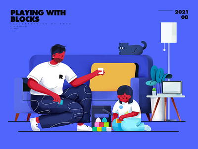 Play blog building blocks childrens day cover dad daughter editorial father fathers day girl home illustration juggle playing with blocks sofa vector