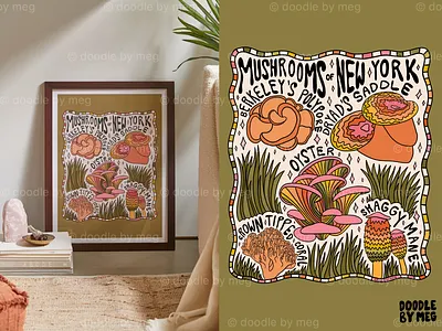 Mushrooms of New York at Urban Outfitters 60s 70s cottage core design drawing forest illustration lettering mushroom mushrooms nature new york procreate psychedelic typography vintage