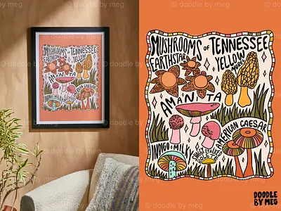 Mushrooms of Tennessee at Urban Outfitters 60s 70s cottage core design drawing forest illustration lettering mushroom mushrooms nature procreate psychedelic tennessee typography vintage