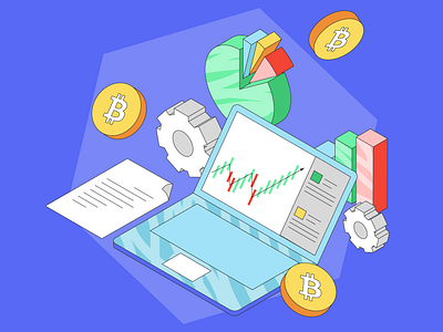 Market making bitcoin bold colors business crypto cryptocurrency digital art digital illustration documents flat colours flat design graphs illustration isometric laptop perspective vector illustration