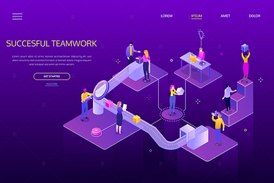 Successful Teamwork - Colorful Isometric Banner 3d app banner banners concept design development illustration landing landing page landing pages logo page pages ui web web banner web design web development website