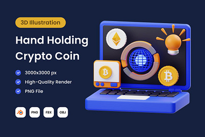 Laptop with Crypto Coin 3D Illustration 3d bitcoin coin crypto cryptocurrency device exchange idea illustration landing laptop market nft objects trading ui user interface ux web design website