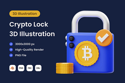 Crypto Lock 3D Illustration 3d 3d illustration bitcoin crypto cryptocurrency development icon icon design icons illustration landing landing page locker market nft save secure security web website