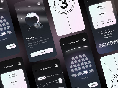 Cinema Ticket App app black dark design figma gradient graphic ill illustration interface ios light minimal mobile mobile app movie ui ux vector