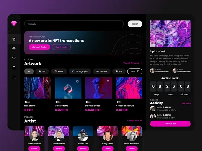 NFT Marketplace Dashboard activity bitcoin card clean coin cryptocurrency cyrpto dark dashboard design dogecoin etherium marketplace minimalism minimalist nft ui uiux ux