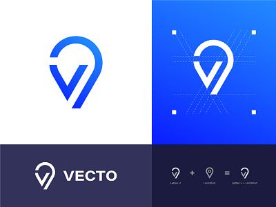 V Letter + Location brand brand identity branding creative logo dribble icon location logo logo design logo folio map minimal logo modern logo pin startup v v letter v location logo v logo v mark
