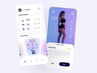 Fitness App app app design body building clean exercises fitness graphic design health ios light light mode minimal mobile mobile design neon sport training ui ux workout