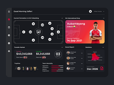 Arsenal Manager Dashboard cards clean ui color dashboard design exploration football icons logo soccer sports trending typography ui ux vector vibrant visual design web design website