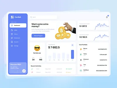 Finance Dashboard Design – Cryptocurrency Wallet 3d concept creative crypto dashboard design figma finance graphic design illustration money ui ux vector wallet