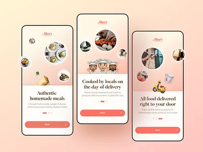 Mae's mobile app. Onboarding app branding delivery design dishes fashion food illustration kitchen list logo menu mobile onboarding recipes typography uber ui ux vector