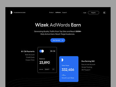 Landing UI ads clean dark theme dark ui design finance header hero landing page money product design typography ui ui ux user experience ux web ui website website design