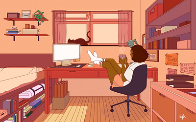 Stay Home, Stay Safe african woman bedroom cat chill design female character female designers female portrait home illustration indoor interior lifestyle lofi style music art plant relax self care stay home
