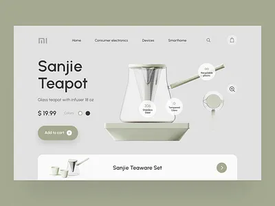 012 E-Commerce Shop 012 2021 cart concept consumer electronics dailyui dailyui012 design ecommerce figma green interface mi minimalistic product page shopping cart tea teapot ui ux