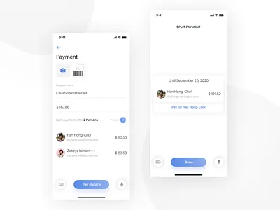 The concept of an application for joint payment in a restaurant app design food ios ui ux