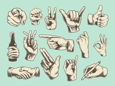 Retro Vintage Hand Illustration Stickers design drawing element finger fingers freebie gesture graphic design hand hand drawn hand gesture hand icon handshake illustration ok peace sign retro set vector vintage