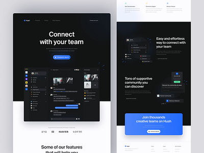 Hush · Messaging App Landing Page app chat clean dark dark mode dashboard dashboard landingpage design interface message messenger minimal product social team ui ux web web design website