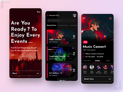 Event App UI Design Concept concert dark ui entertainment event event app event app design event finder event listing event management event manager event organizer event planning events events app festival mobile app design mobile app development mobile ui music ticket booking