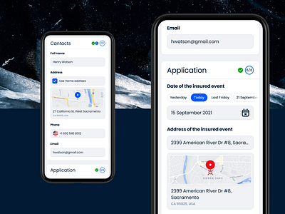 Insure:Me. Contacts and Application address application contacts date insurance map mobile product
