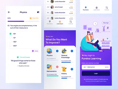 Fundoo Learning Gamification Quiz App answer app clean education game app gamification app ios app minimal mobile app questions quiz app trivia ui uiux user interface ux