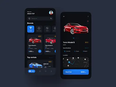 Car rental mobile app (dark) 🚗 app design car car rental creative dark mode design graphic design minimalism mobile app mobile app design product design tesla ui ui design uiux uiux design ux design uxui design