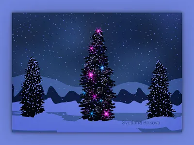 Decorated Christmas tree on snowy background celebrate christmas cold decoration eve festive fir tree garlads holiday landscape merry mountains nature new year night party snowfal vector winter xmas