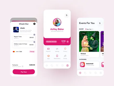 Ticket App app app design e commerce events page graphic design interface interface design mobile app pink app pink interface ticket app ui uiux
