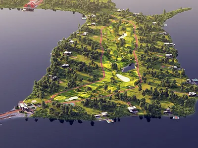 Masterplan aerial 3d visualization 3d aerial birds eye cottage design forest illustration isometric isometry lake masterplan render river