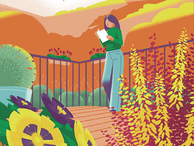 Autumn Balcony autumn book botanical chilling flower girl illustration landscape mountains panorama plant plants reading seasons terrace