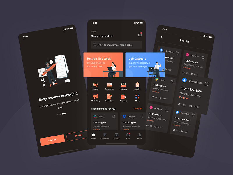 Joboard - Onboarding, Home, Popular Job List (Dark Mode) app dark mode hiring hiring platform home illustration ios ios app job job board minimal mobile mobile design onboarding onboarding screen popular ui ui kit ux vacancy