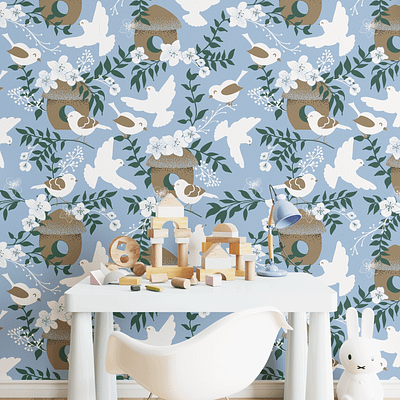 Winter birds on blossoms tree beige bird blossom tree blue calm chilldren floral green hand drawn illustration illustrator pattern spoonflower tree