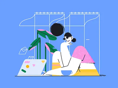 Morning Emails bored character character design design designer emails graphic design home office illustration it laptop morning emails office woman work from home