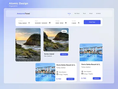 Travel Booking Service: Atomic Design/Organisms Page atomic design for awesometravel booking booking trip design hotel reservation tourism tours travel travel agency traveling trip planner trips ui ux vacation web